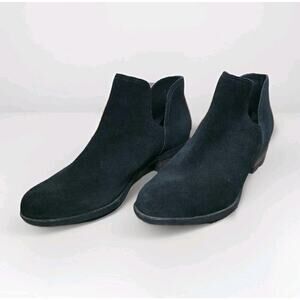 Women's 9 Sorel Lolla Cut Out Booties Black Leather Boots Ankle Slip-On Suede